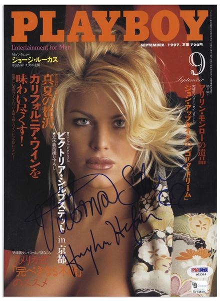 Hugh Hefner Signed Playboy Magazine -- Also Signed by Playmate of the Year Victoria Silvstedt -- With PSA/DNA COA